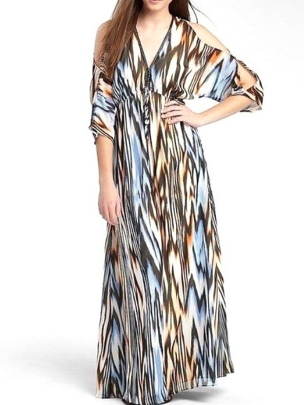 Allen B. Allen Schwartz Y2K Chiffon Kaftan Cold Shoulder Maxi Dress